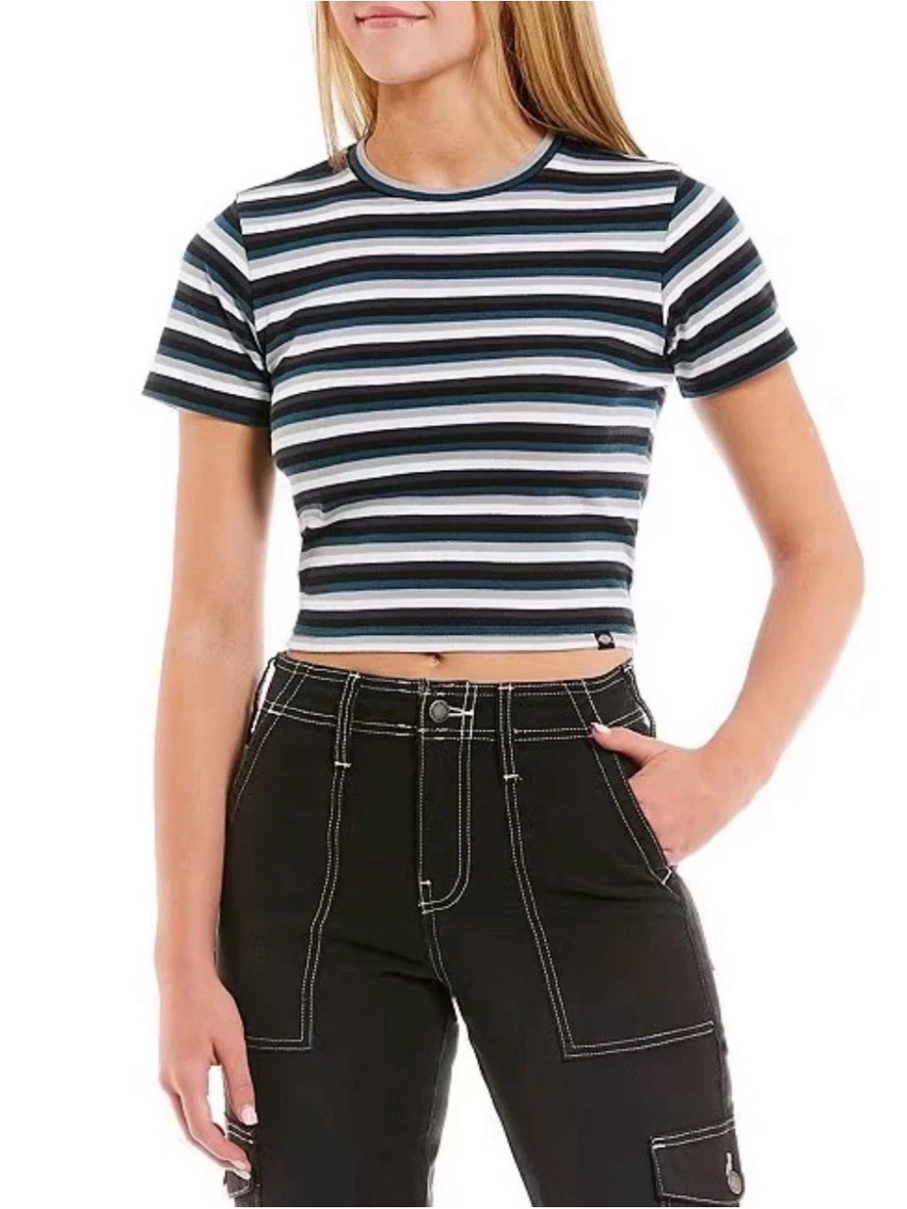 Dickies Women's Stripe Baby Tee Xs Short Sleeve T-Shirt Crew Neck Cotton Blend